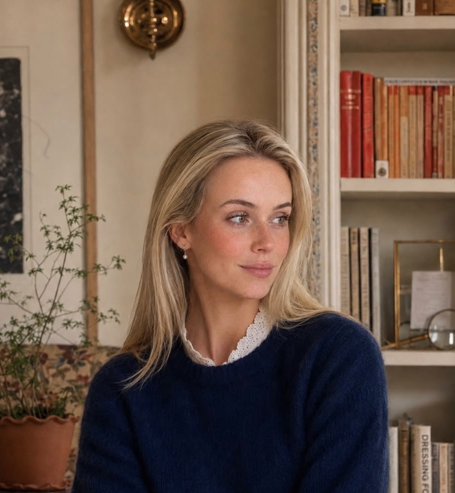 Portrait of Kate seated in her study with bookshelves and plants